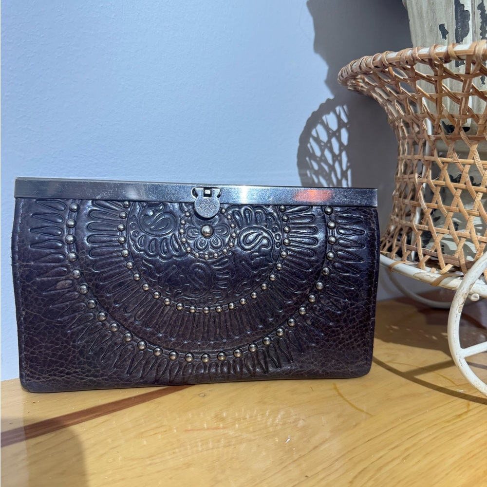 Patricia Nash Black Leather Clutch with Floral Embossing